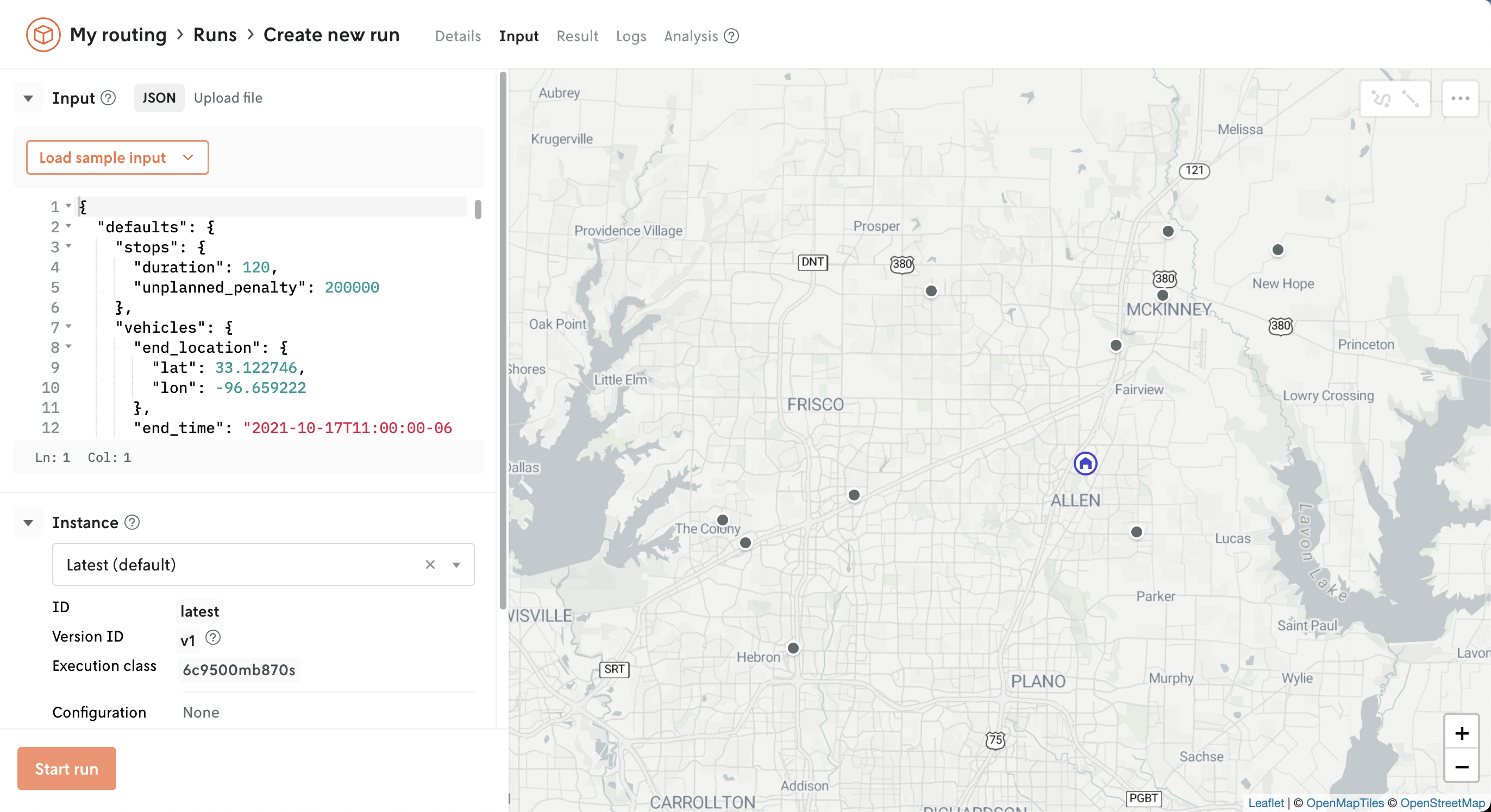 Same view as the initial create new run interface, but with the input filled
in and a routing-based visual of a map with stops displayed on
it