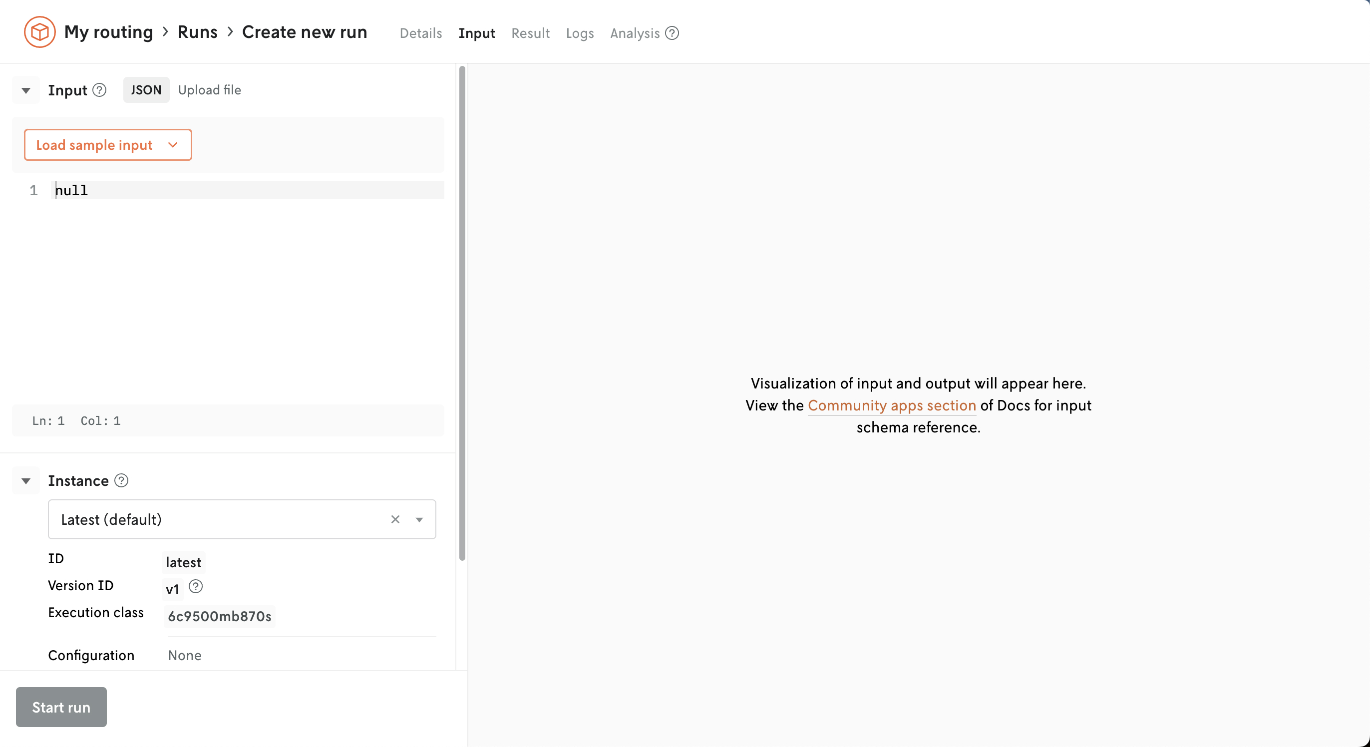 Screenshot showing UI for model input and other configuration options with a
space on the right for visualizing the model input