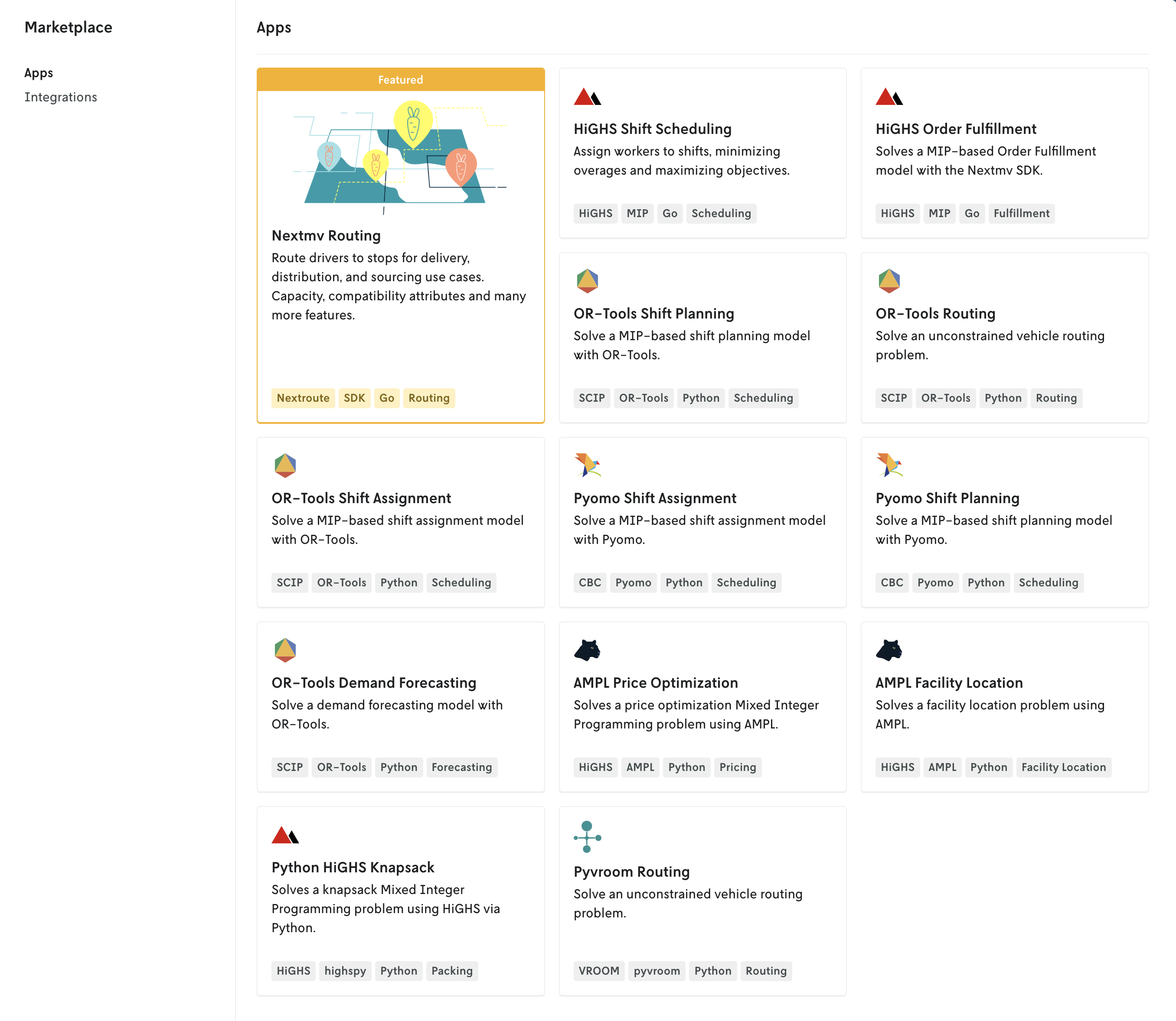 Landing page for Nextmv Marketplace showing previews of the decision apps you
can clone for your own use.