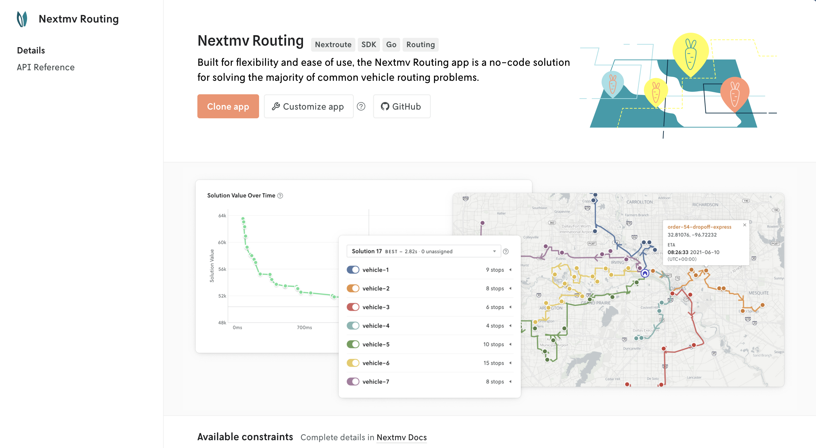 Details view of the Nextmv Routing app with screenshots of visualizations of
runs made with the app