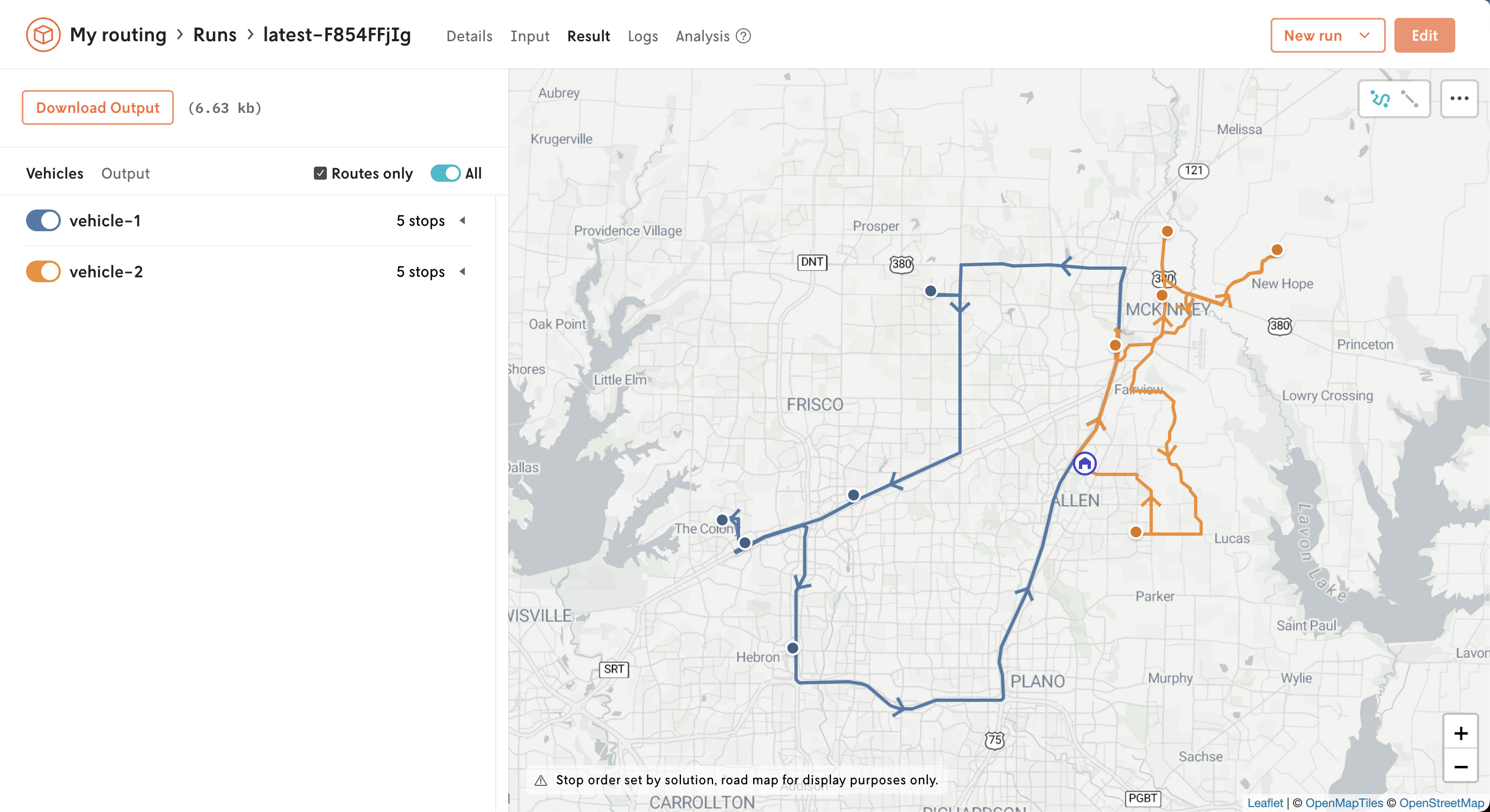 Screen visualizing the result of the run with a list of vehicles and their
routes on a map.