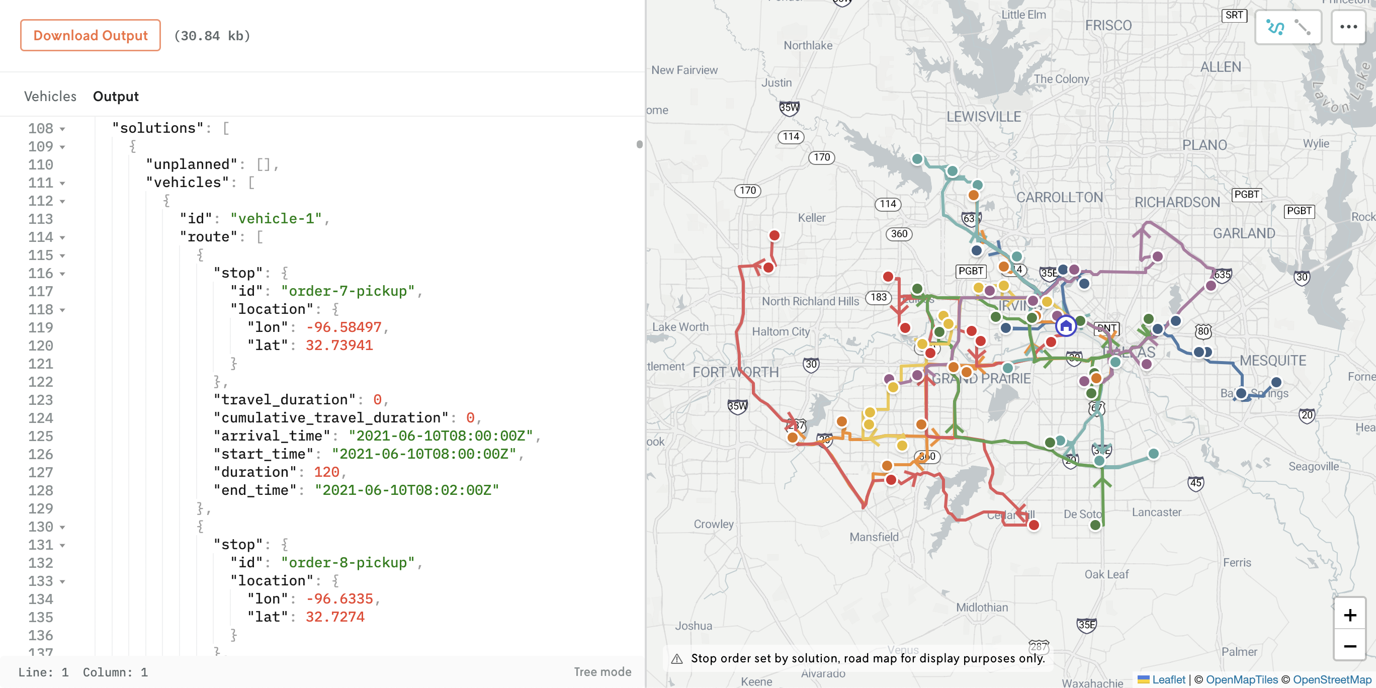 The same screenshot of the routing result shown above, but the width of the panel containing the JSON content has been widened. Now the JSON content does not wrap to the next line and is easier to read.