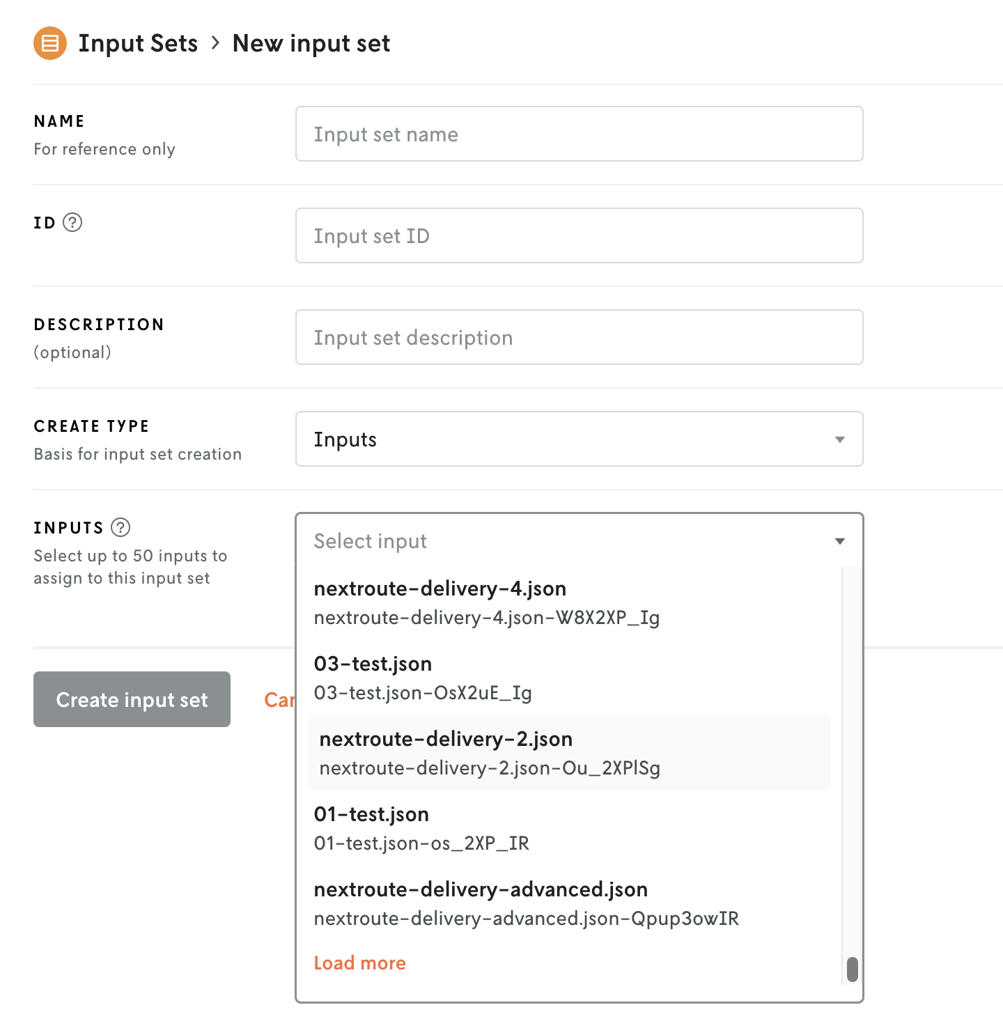 Screenshot showing the create new input set view with the input select dropdown activated and showing an orange load more link at the end of the option list.