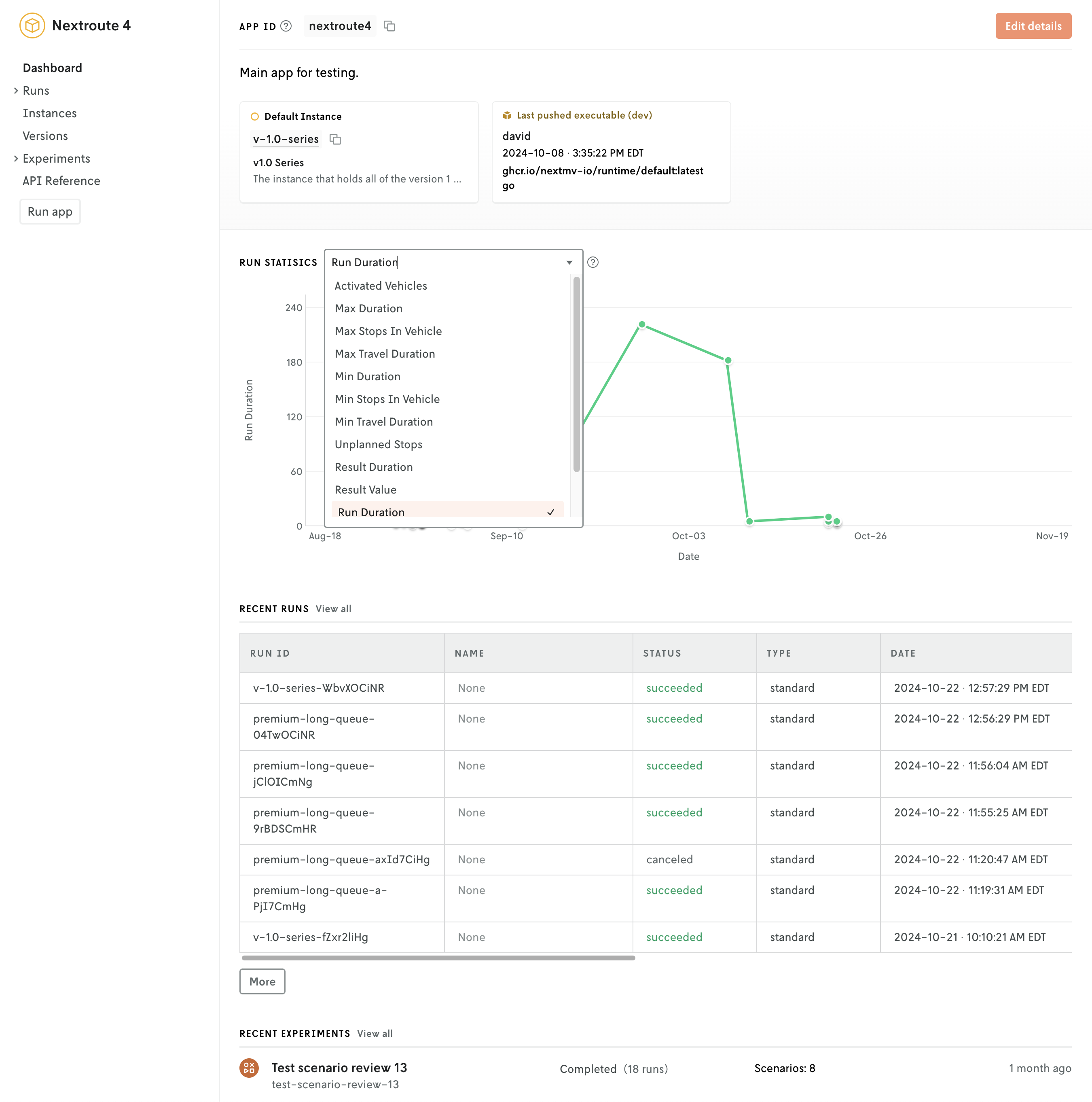 Screenshot of the new app dashboard with an active run statistics chart dropdown showing the various statistics that can be displayed on the chart.