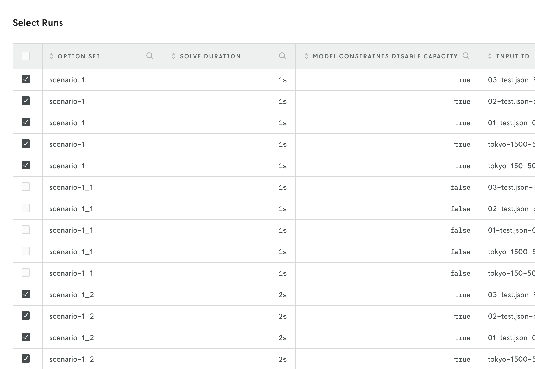 Table view showing planned runs, each row listing a single run with defining details and a checkbox control, with some runs deselected