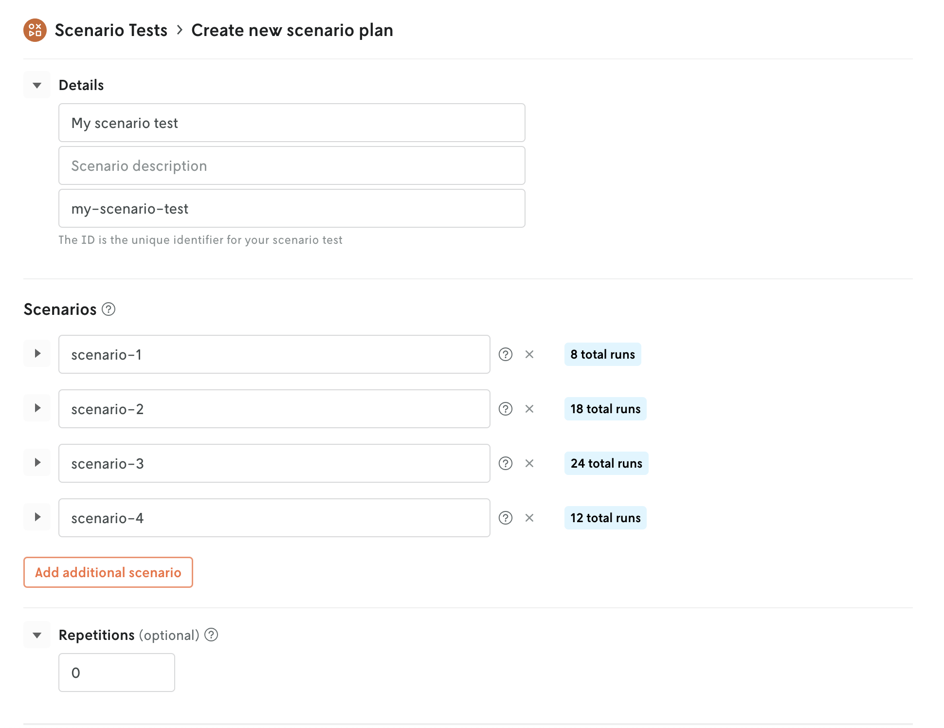 Same screenshot showing the new create scenario test user interface but with four scenario details sections collapsed so you can see the total runs for each scenario all in the same viewport.