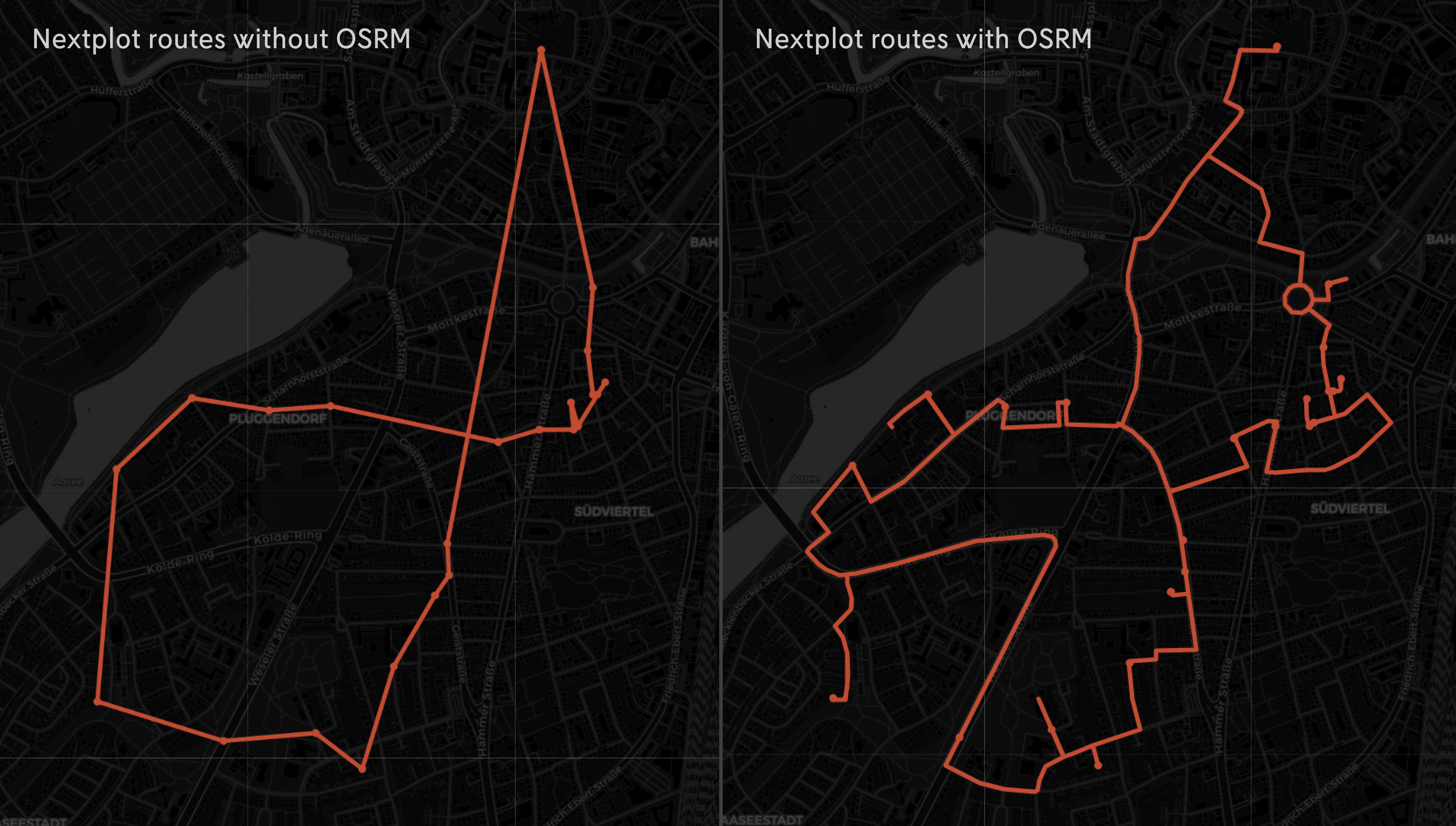 Comparison of two road routes, the one on the left with straight lines between stops for the route, the one on the right showing real road routes between stops.