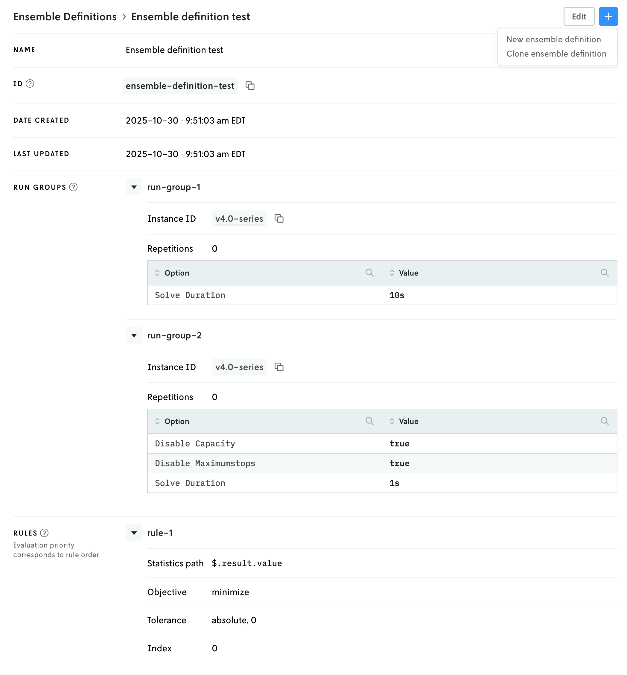 Screenshot of an existing ensemble definition with the create button menu options active showing create ensemble definition and clone ensemble definition.
