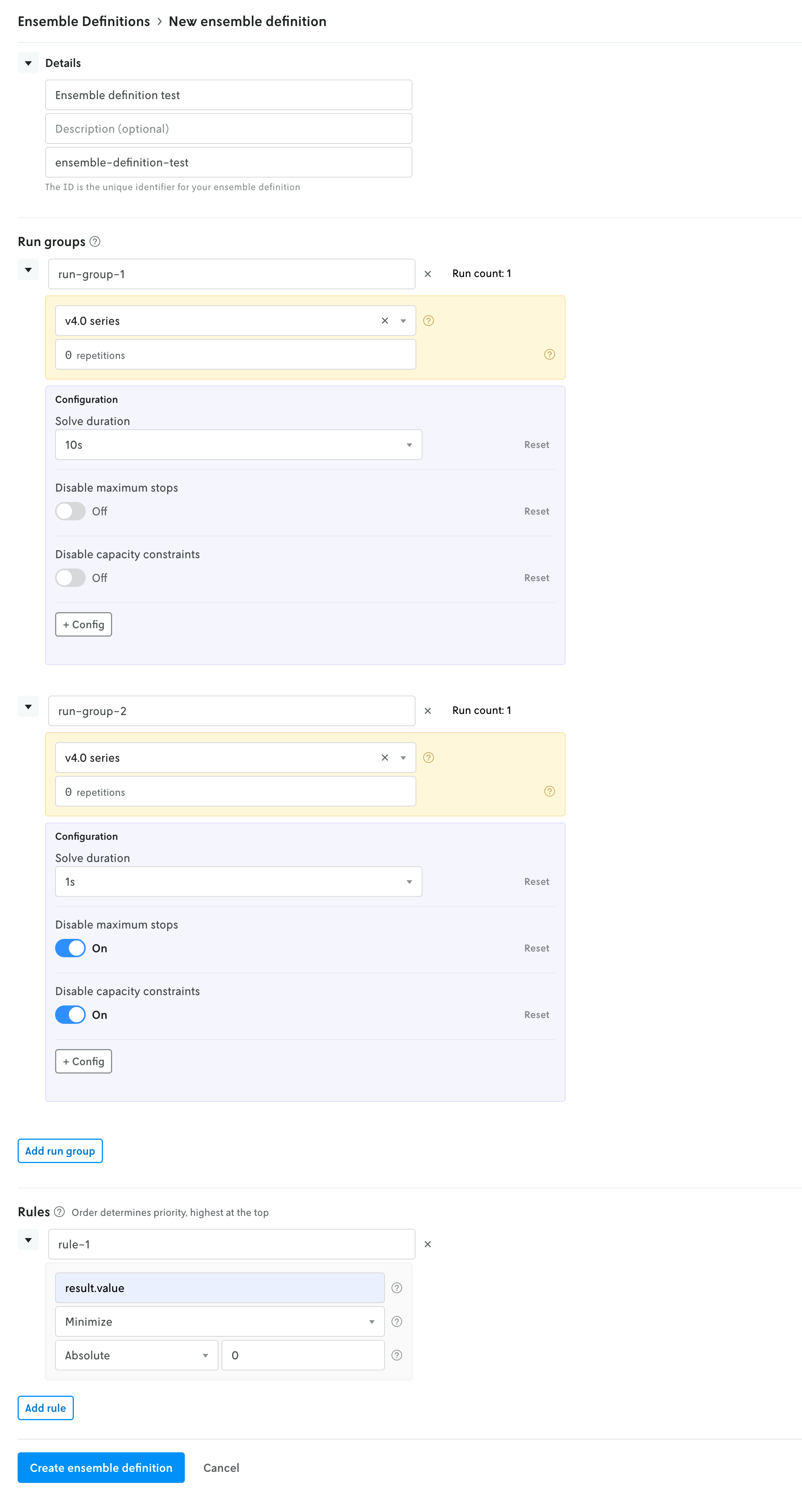 Screenshot showing the create ensemble definition UI with all of the values from the cloned ensemble definition prefilled in the UI input fields.