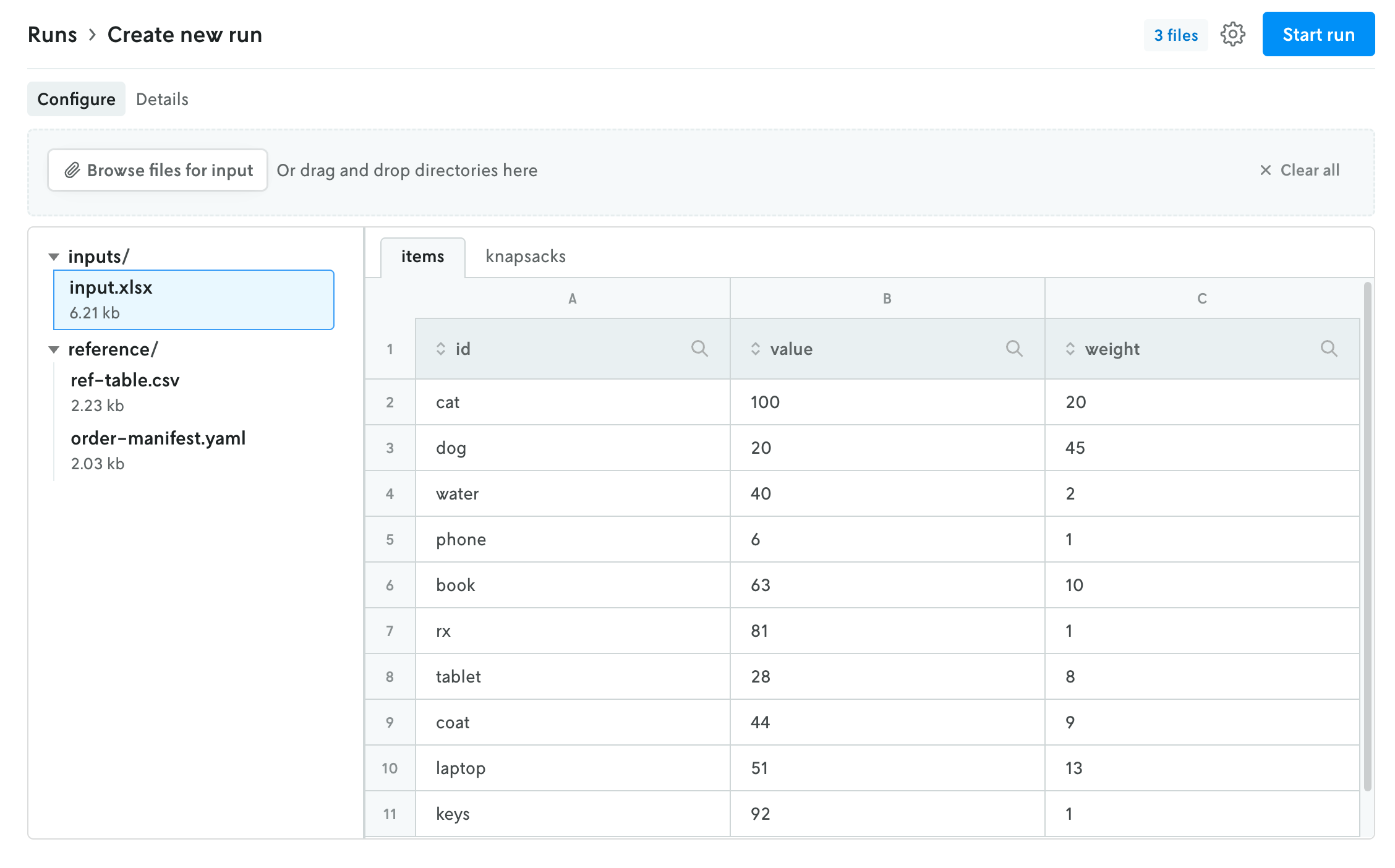 Screenshot of the create run view with the multi-file viewer shown with nested files under different directories.