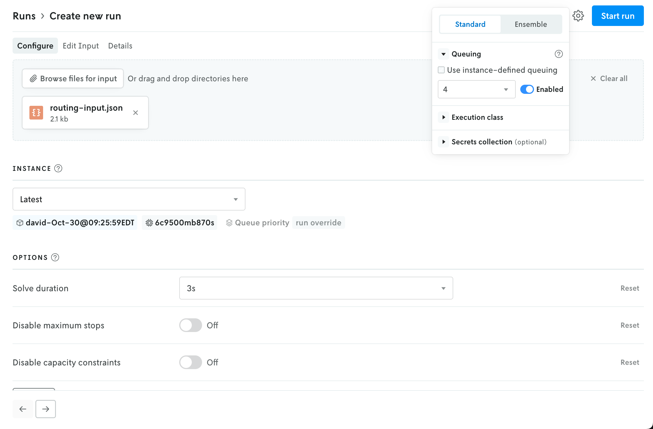 The same screenshot as above, with the settings for run queuing activated and adjusted for the run. The corresponding setting in the main run details view associated with the selected instance has been grayed out with a note indicating that the run setting will be used instead.