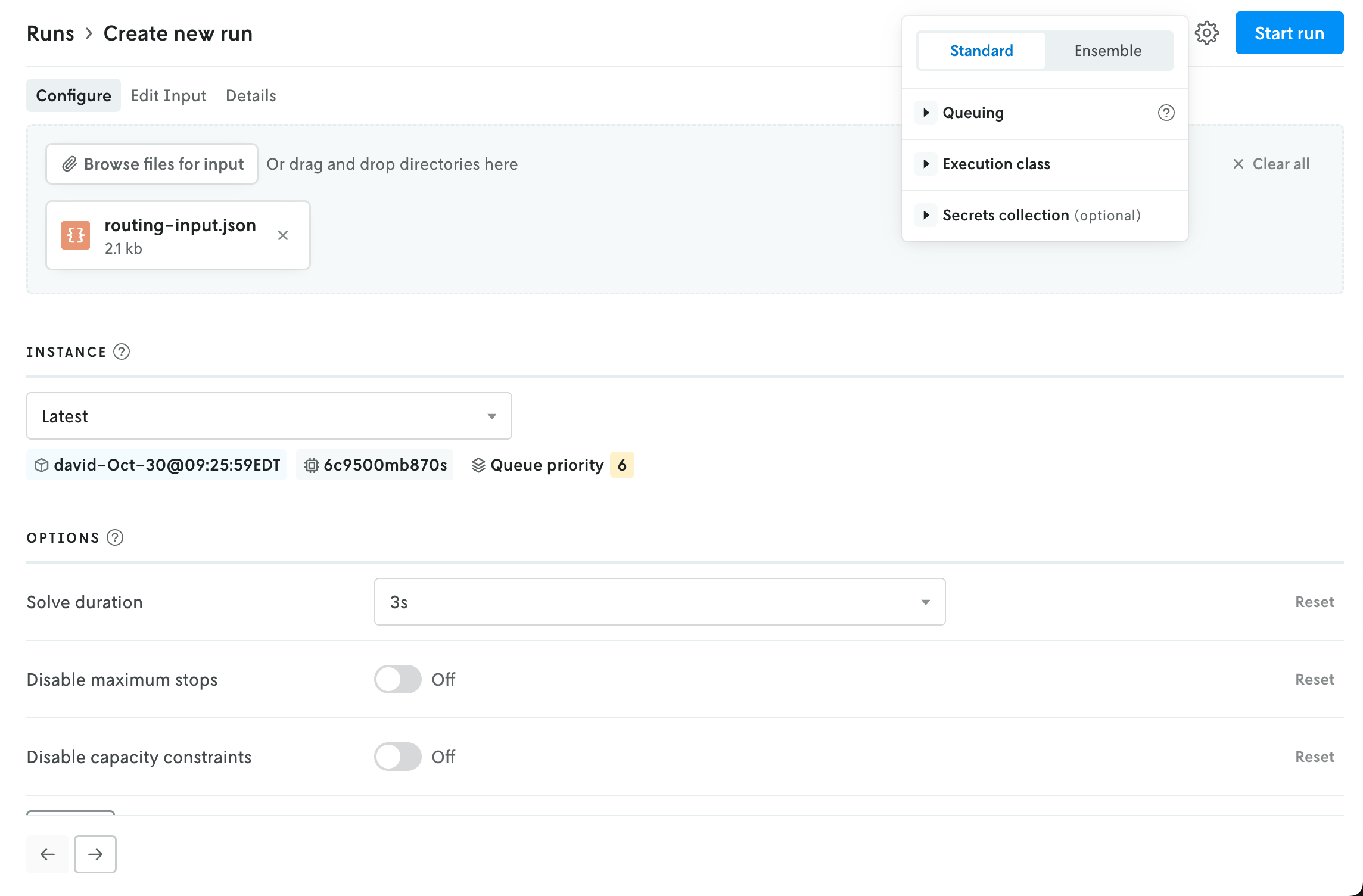 Screenshot of the create run view with the advanced settings menu in the upper right activated showing the available run settings.