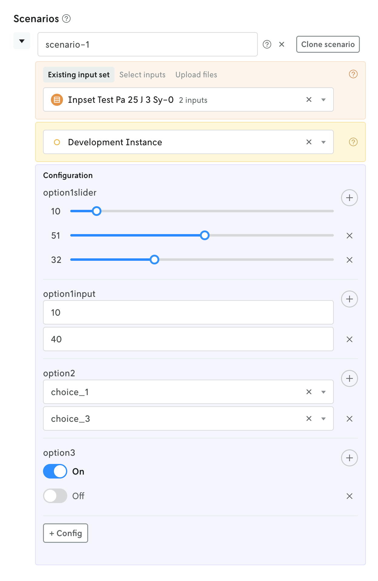 Screenshot of a scenario within a scenario test showing many different managed options with multiple UI controls for each option that represent the multiple values per option.