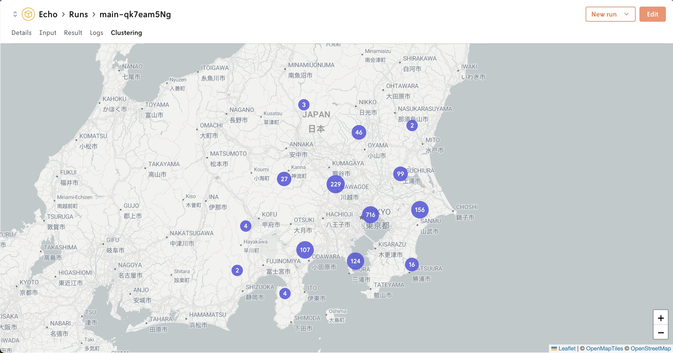 Screenshot of custom map visual showing various point cluster markers with the number of points they represent labeled in the middle.