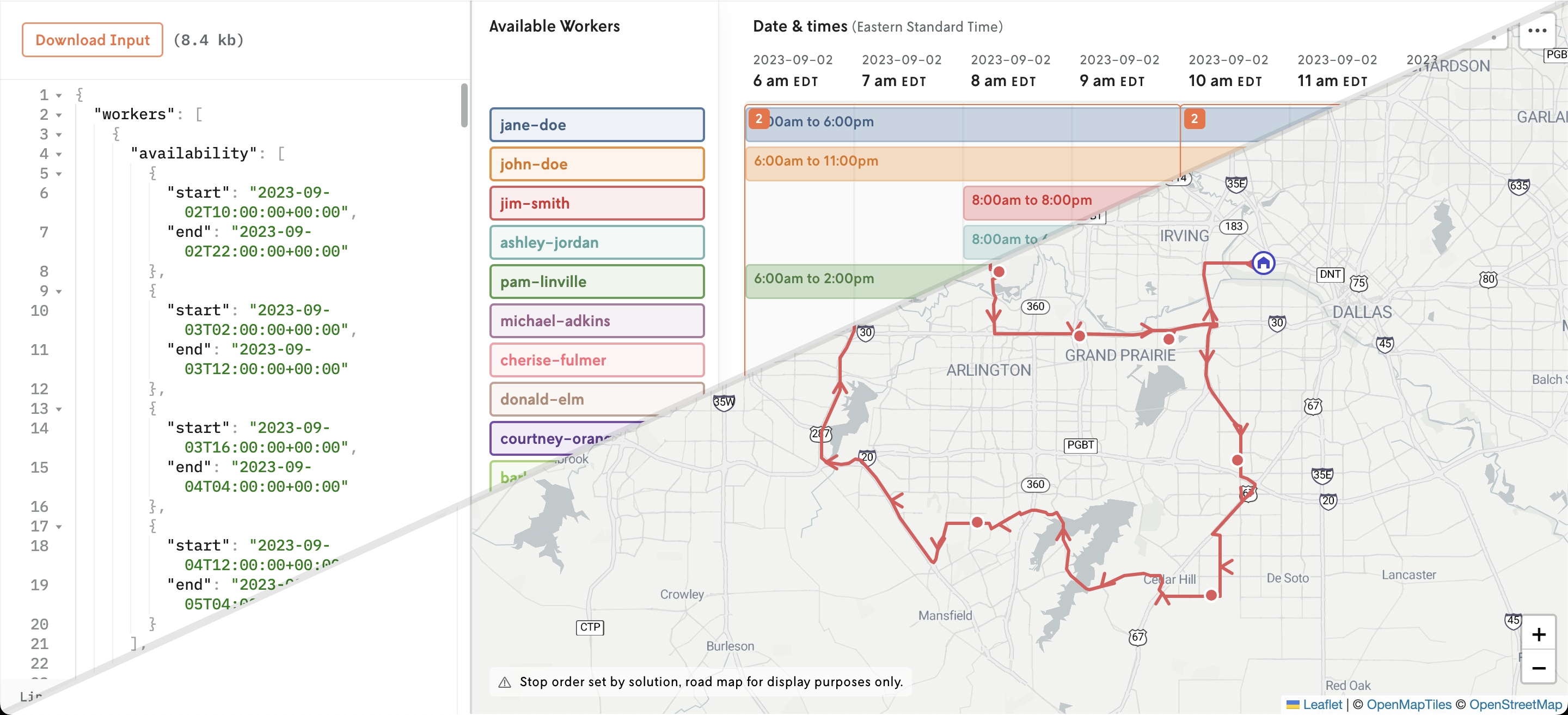 Stylize screenshot showing half of a routing visualization and half of a scheduling visualization on the same screen.