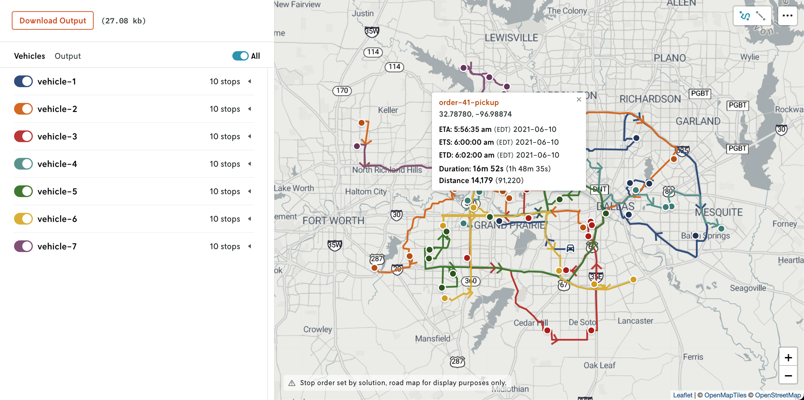 Routing visualization showing a stop’s tooltip content that displays the extra information.