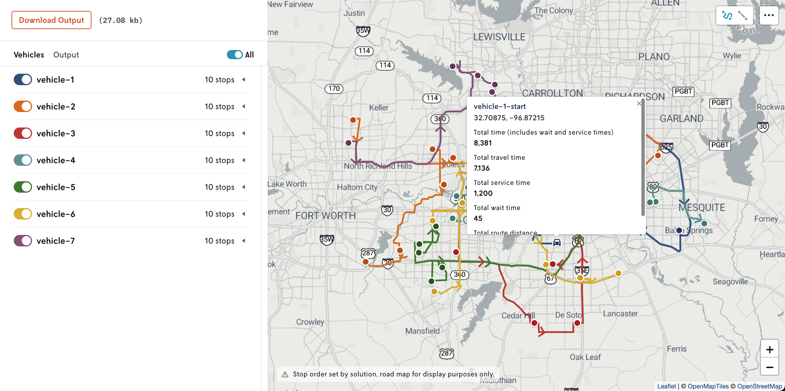 Routing visualization showing a vehicle’s tooltip content that displays the extra information.